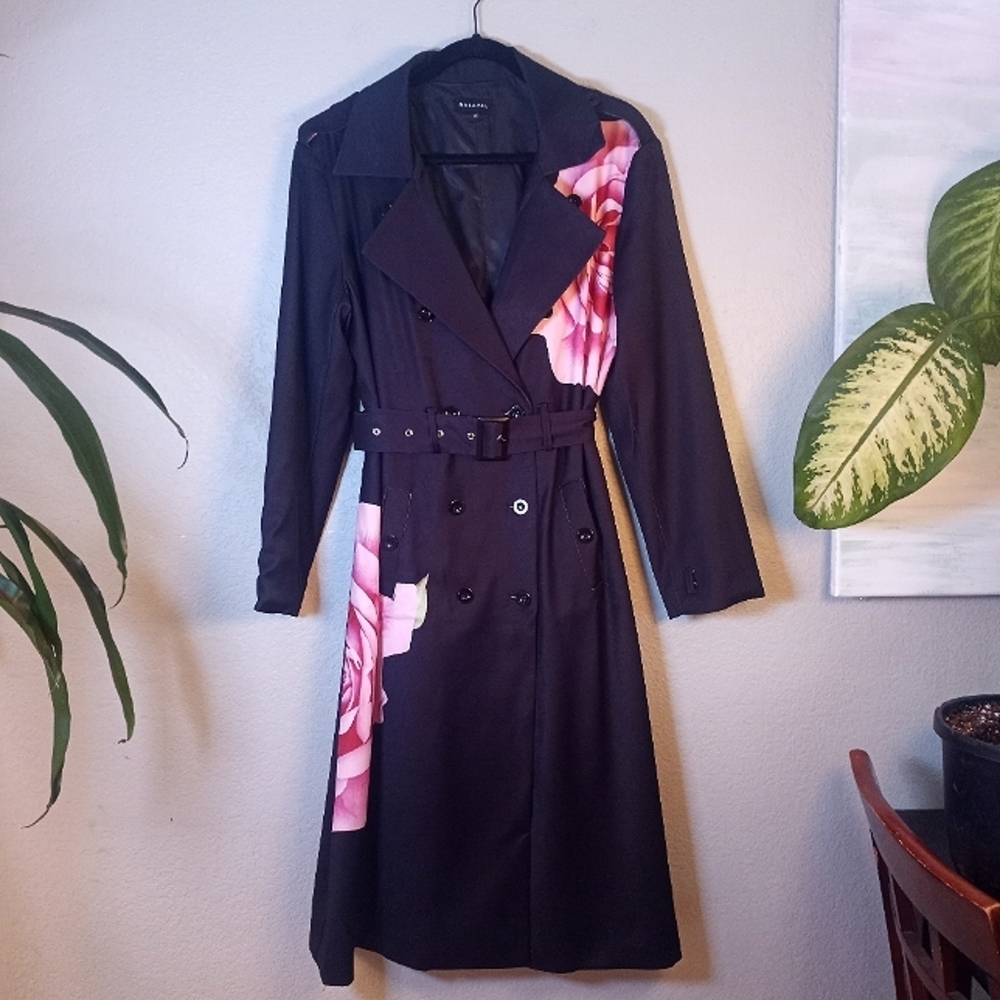 Maraval Silky Black Pink Rose Floral Bohemian Belted Classic Trench Coat Dress M